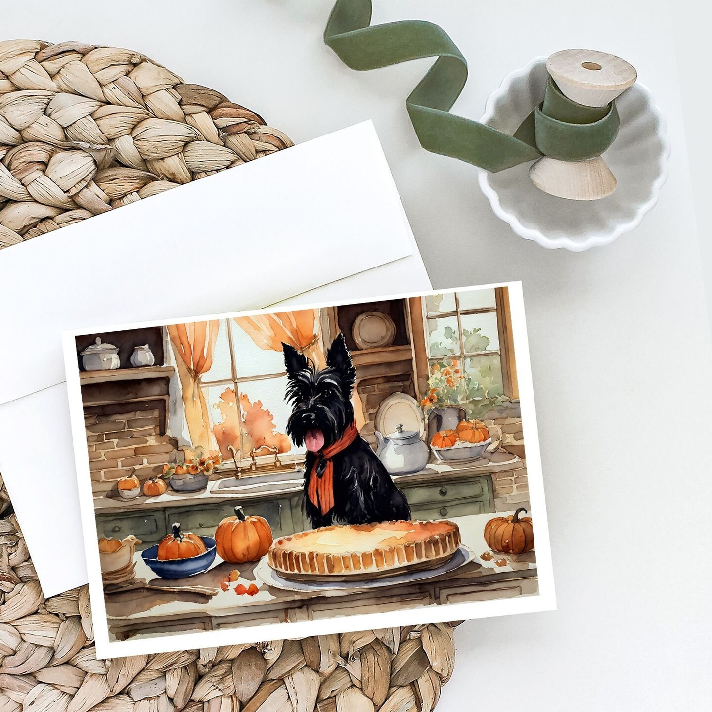 Edge Collections - 5" x 7" - Multicolor - Scottish Terrier Fall Kitchen Pumpkins Greeting Cards with Envelopes - 8 Pieces