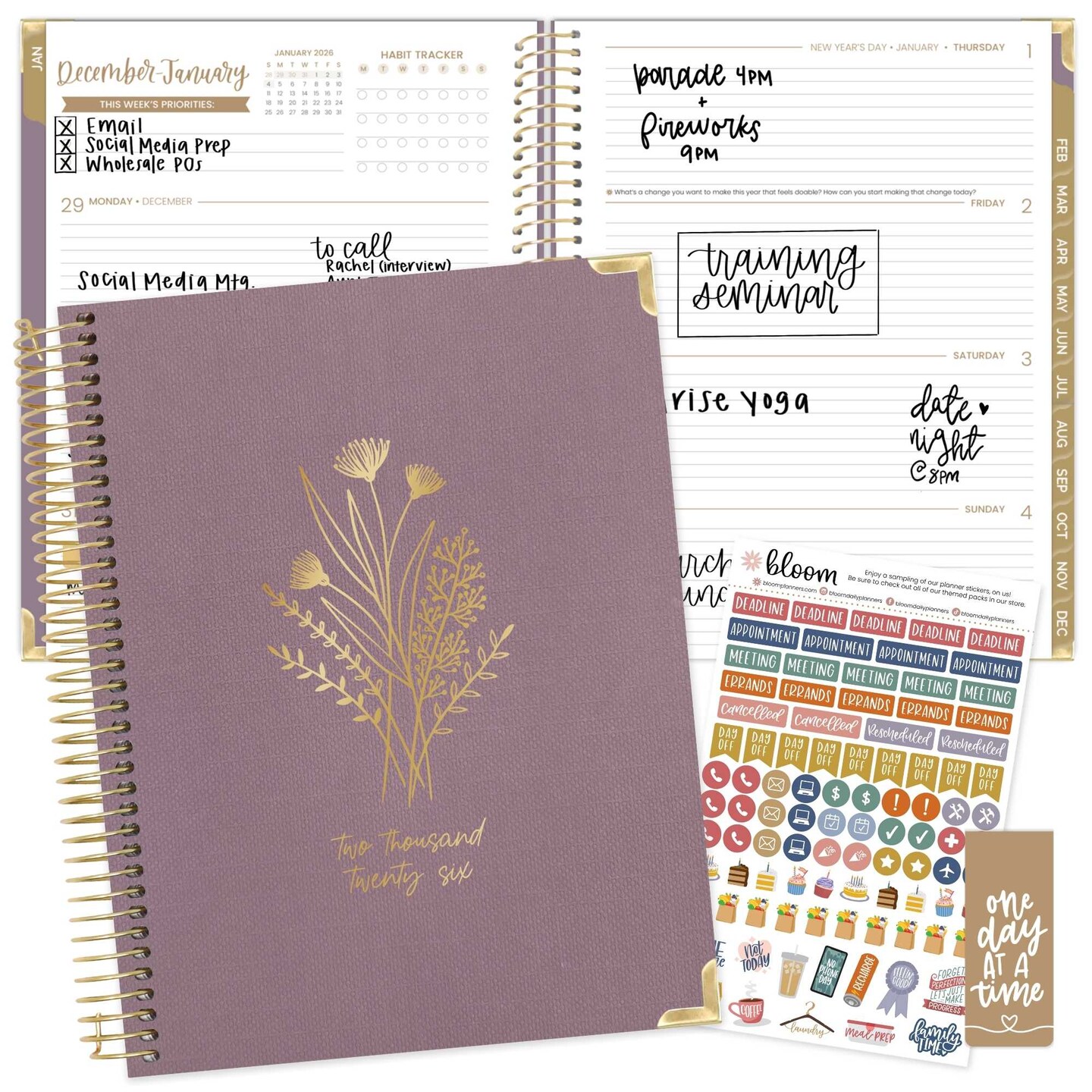 bloom daily planners 2026 Hard Cover Weekly &#x26; Monthly Planner, 8.5&#x22; x 11&#x22;, Linen, Purple