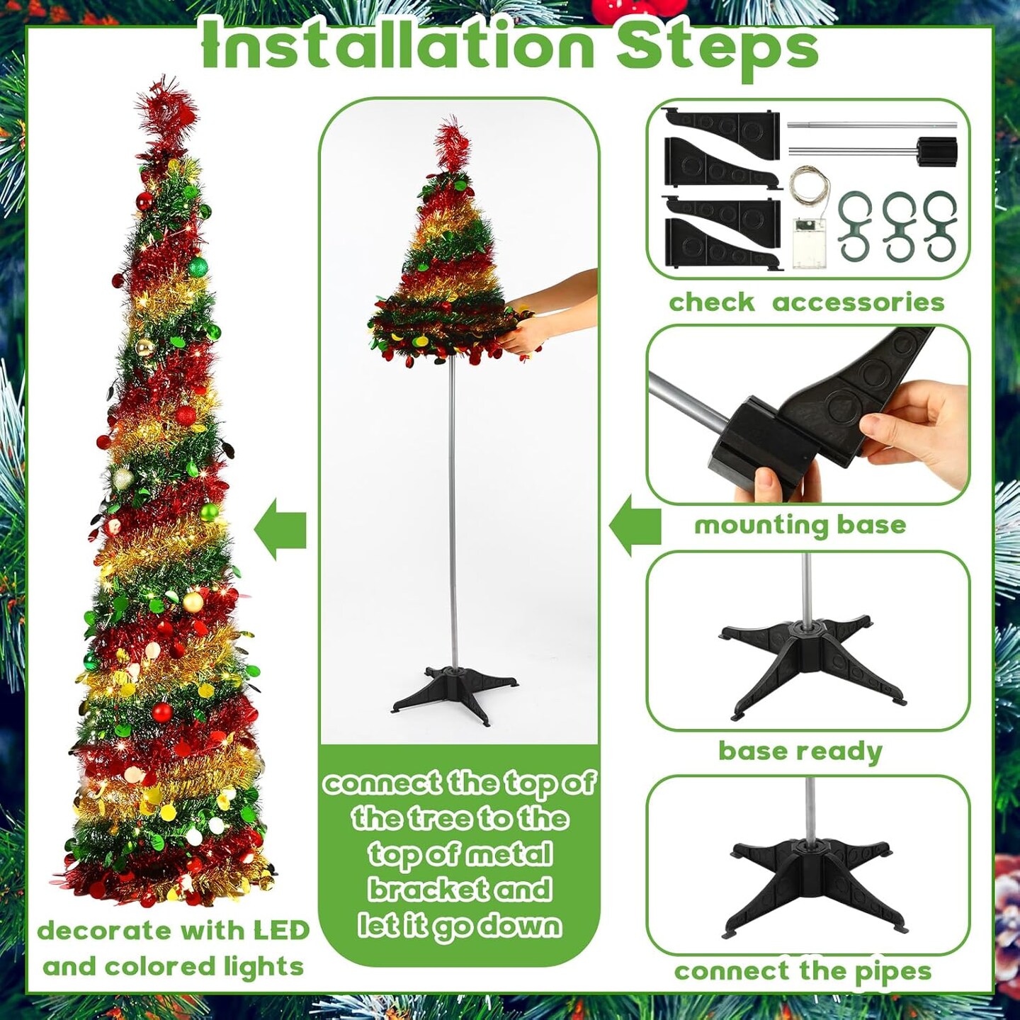 5ft Pop up Christmas Tree with Lights and Balls (Green With Red and Gold Accents)