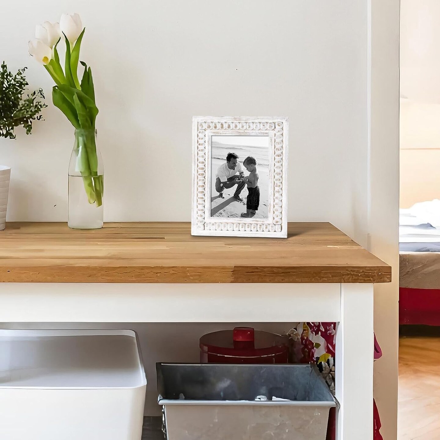 Whitewashed Wooden 5x7 Picture Frame with Beaded Design &#x2013; Rustic and Boho Style