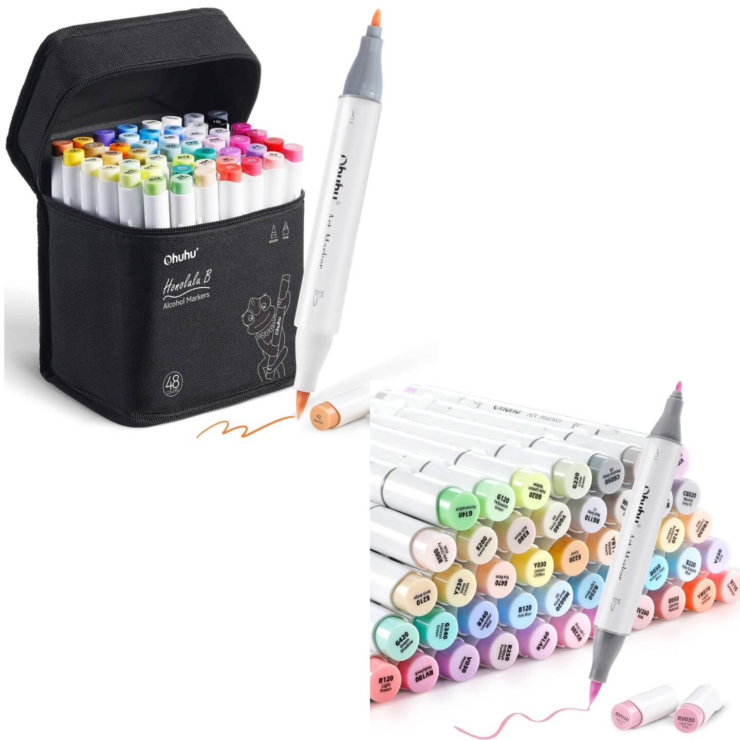 Ohuhu Honolulu B 48 Colors + 48 Sweetness Pastel Colors Alcohol-Based Markers, Brush &#x26; Fine, Dual Tips Art Markers Bundle