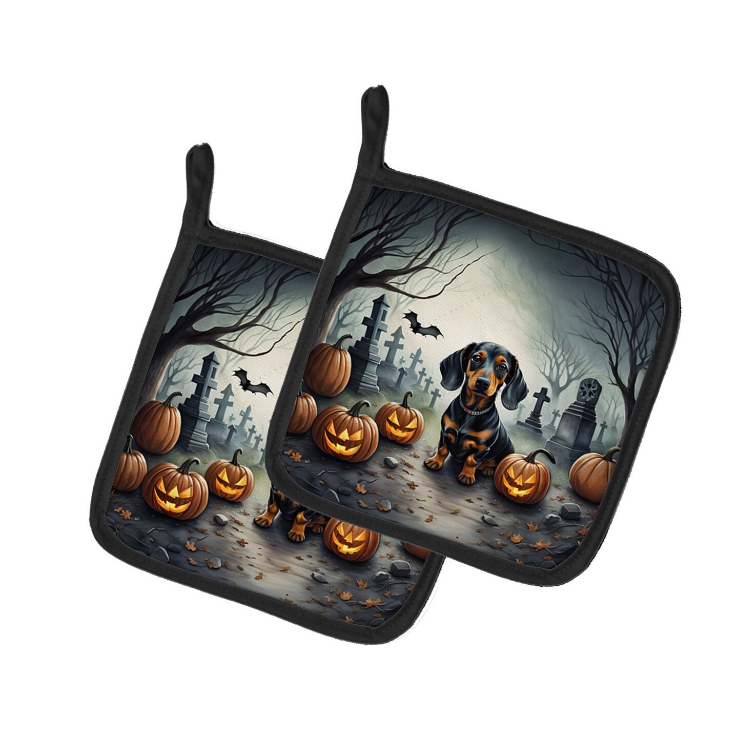 Edge Collections - 7.5" x 7.5" - Black - Dachshund Spooky Halloween Pot Holders - 1 Pair