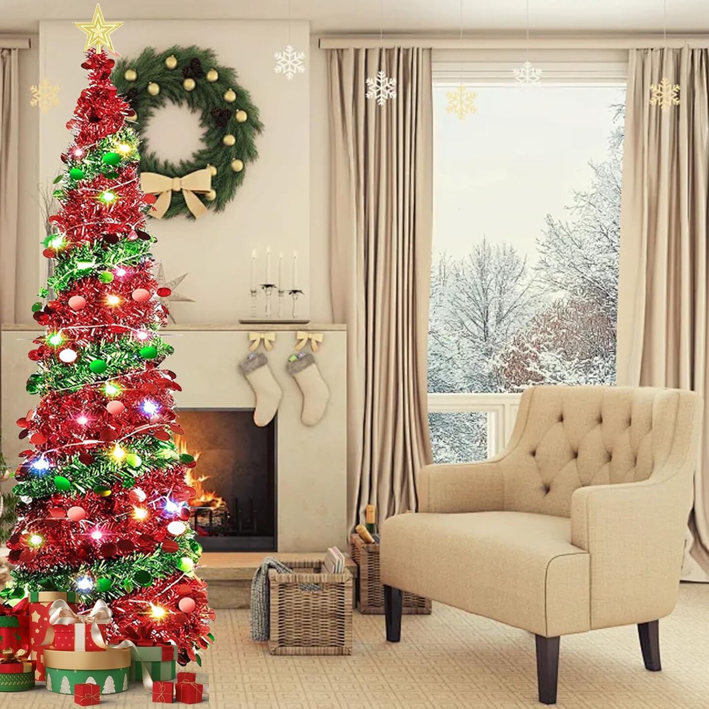 5 Ft Pop Up Christmas Tree with 50 Lights(Red a)15&#x22;D x 15&#x22;W x 60&#x22;H