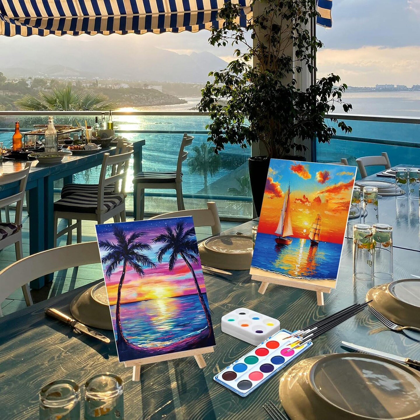 12 Sets Pre Drawn Canvas Kit for Painting Sip and Paint Kit Art Party(Summer Sunset,8 x 10 in)