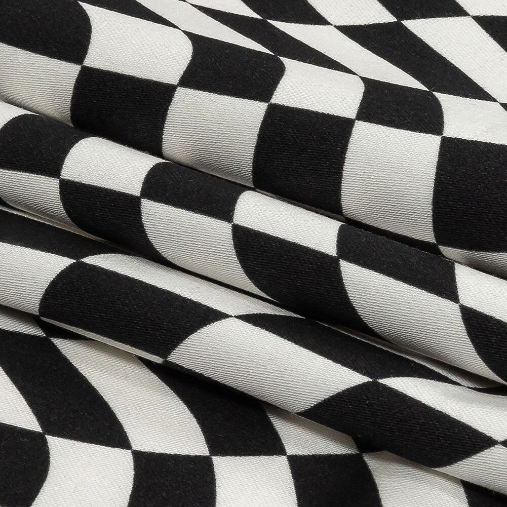 1 Yard Stretch Cotton Sateen Black and White Warped Checks Down the Rabbit Hole Print