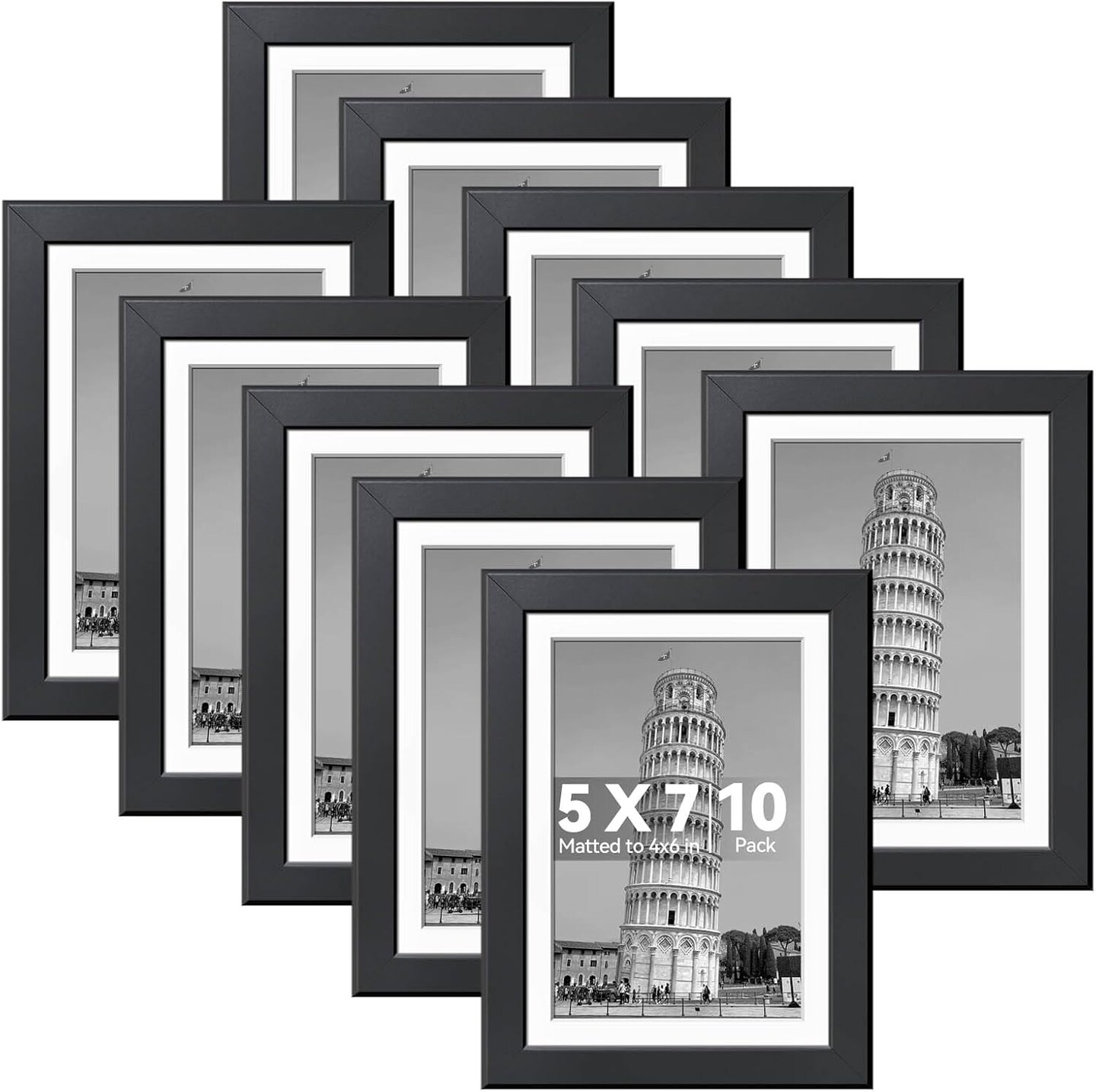 10 Sets of 5x7 Picture Frames - Displays 4x6 with Mat or 5x7 Without (Black)