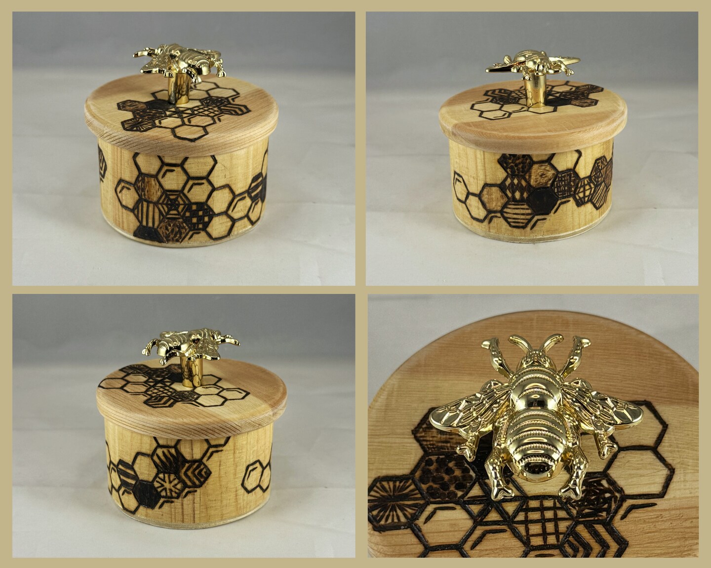 Honeybee Honeycomb Wood Burned Trinket Box with Bee Knob