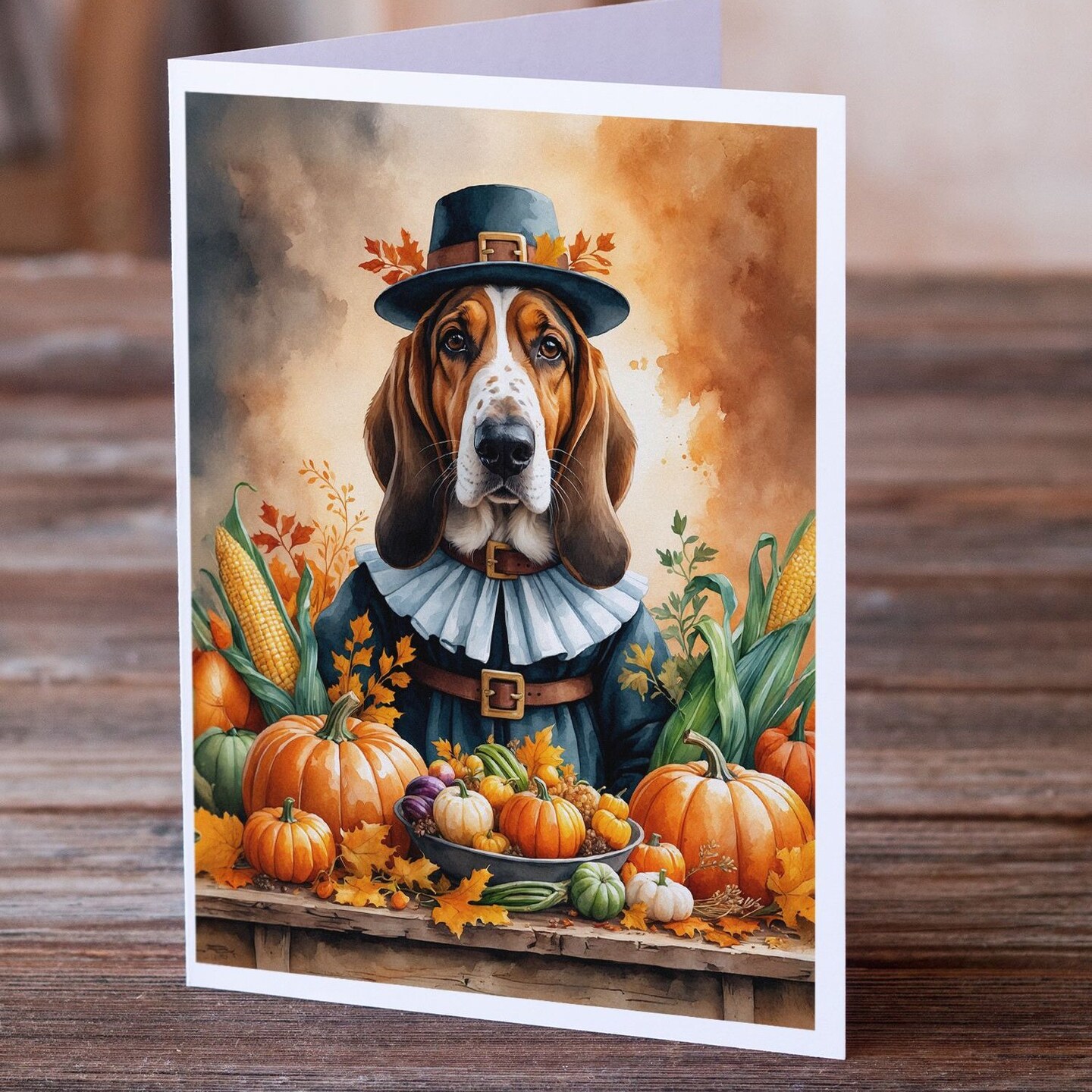 Edge Collections - 5" x 7" - Multicolor - Basset Hound Thanksgiving Greeting Cards - 8 Pieces