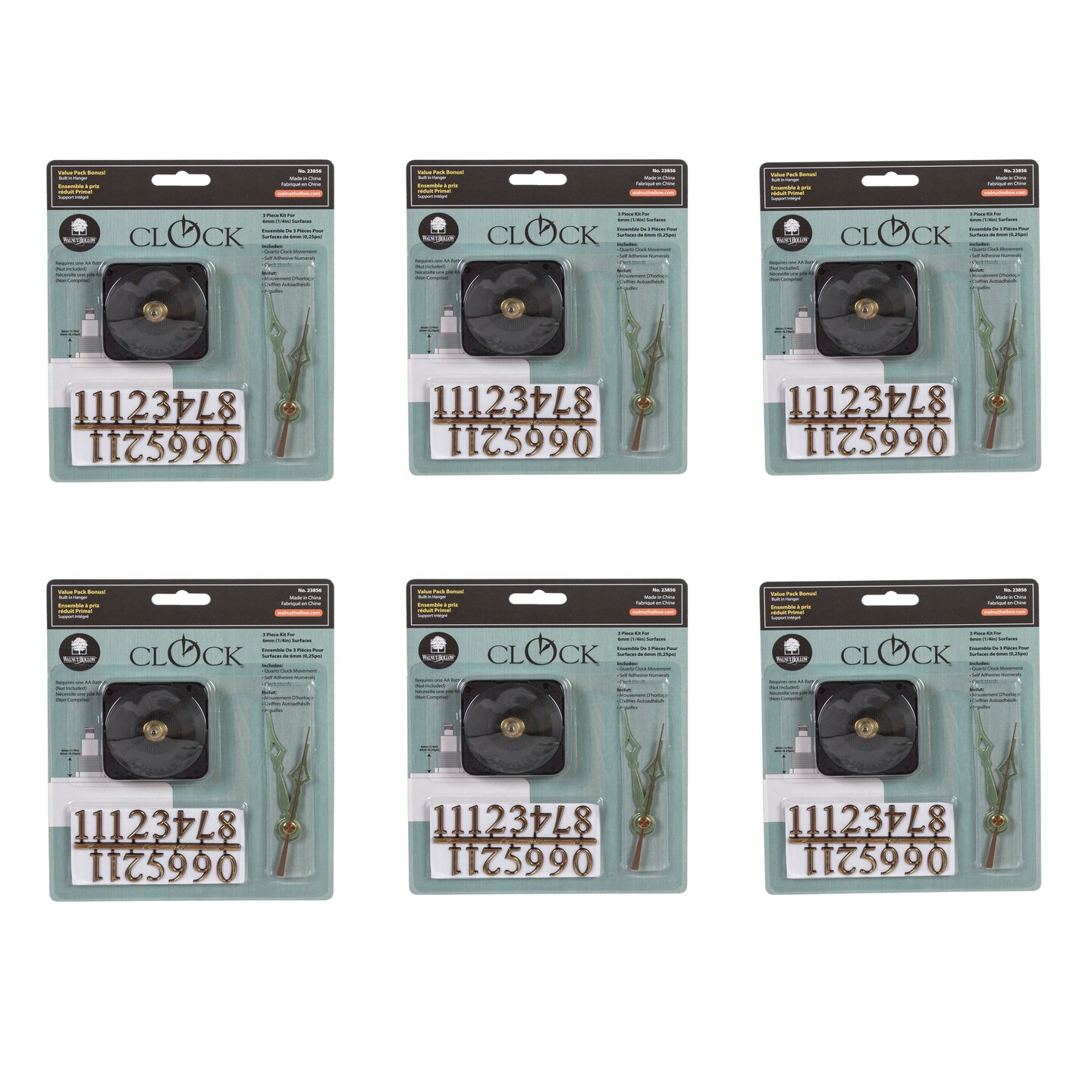 3-Piece Clock Motor, to Build or Repair Clocks, 1/4" Shaft Length, 6-Pack