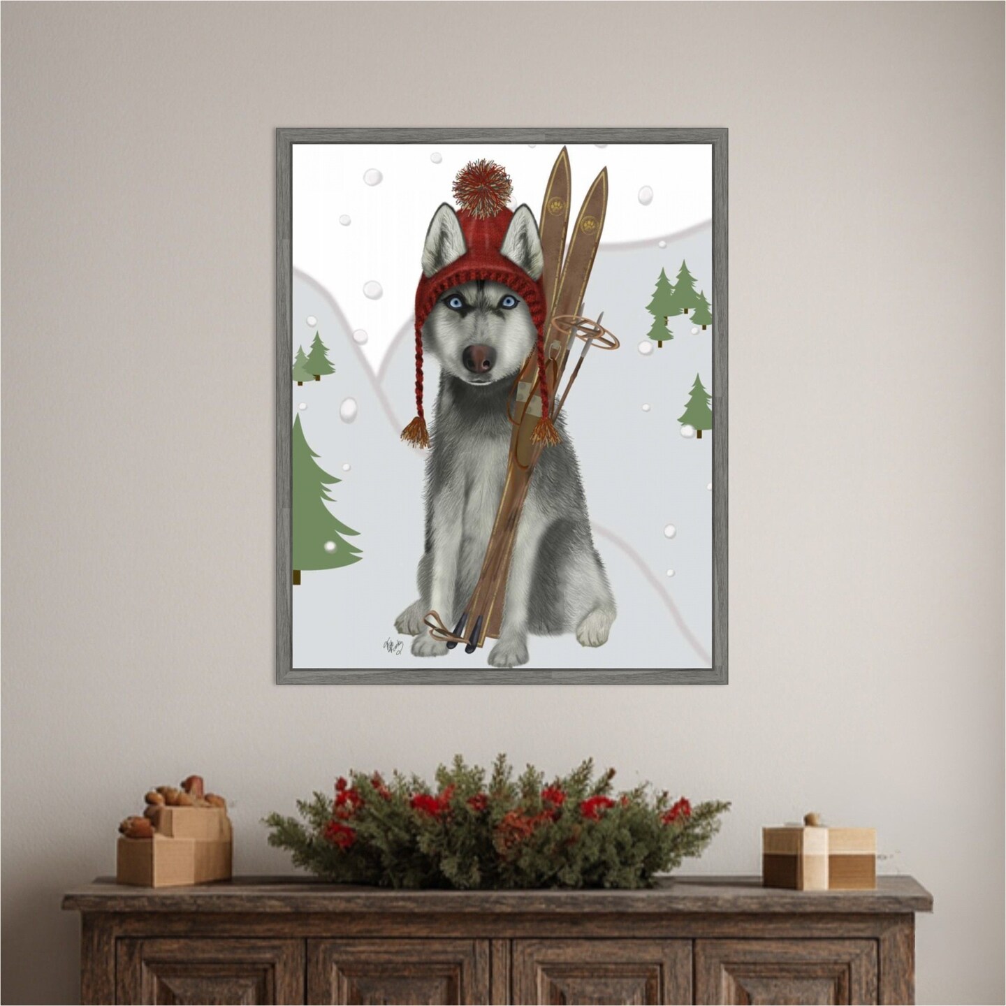 Husky Skiing by Fab Funky 23-in. W x 28-in. H. Canvas Wall Art Print Framed