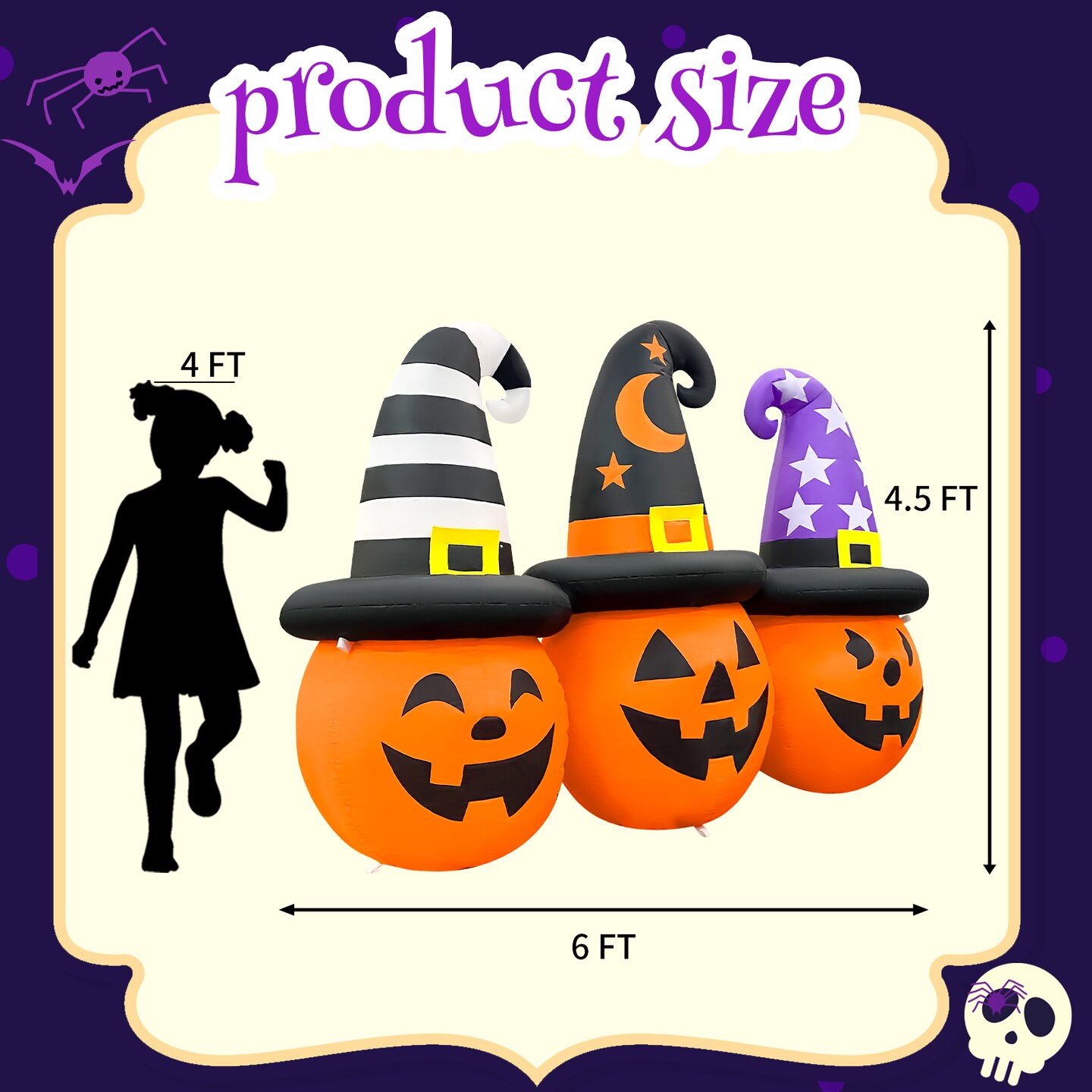 GOOSH 6FT Inflatable Trio of Pumpkins with Witch Hats &#x2013; Light-Up Halloween Yard Decoration