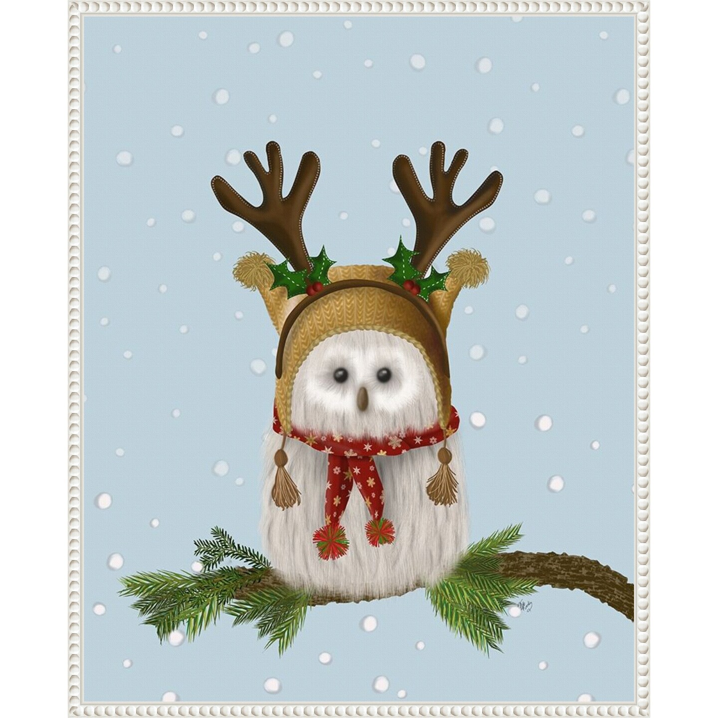 Christmas Fluffy Owl and Antlers by Fab Funky 23-in. W x 28-in. H. Canvas Wall Art Print Framed