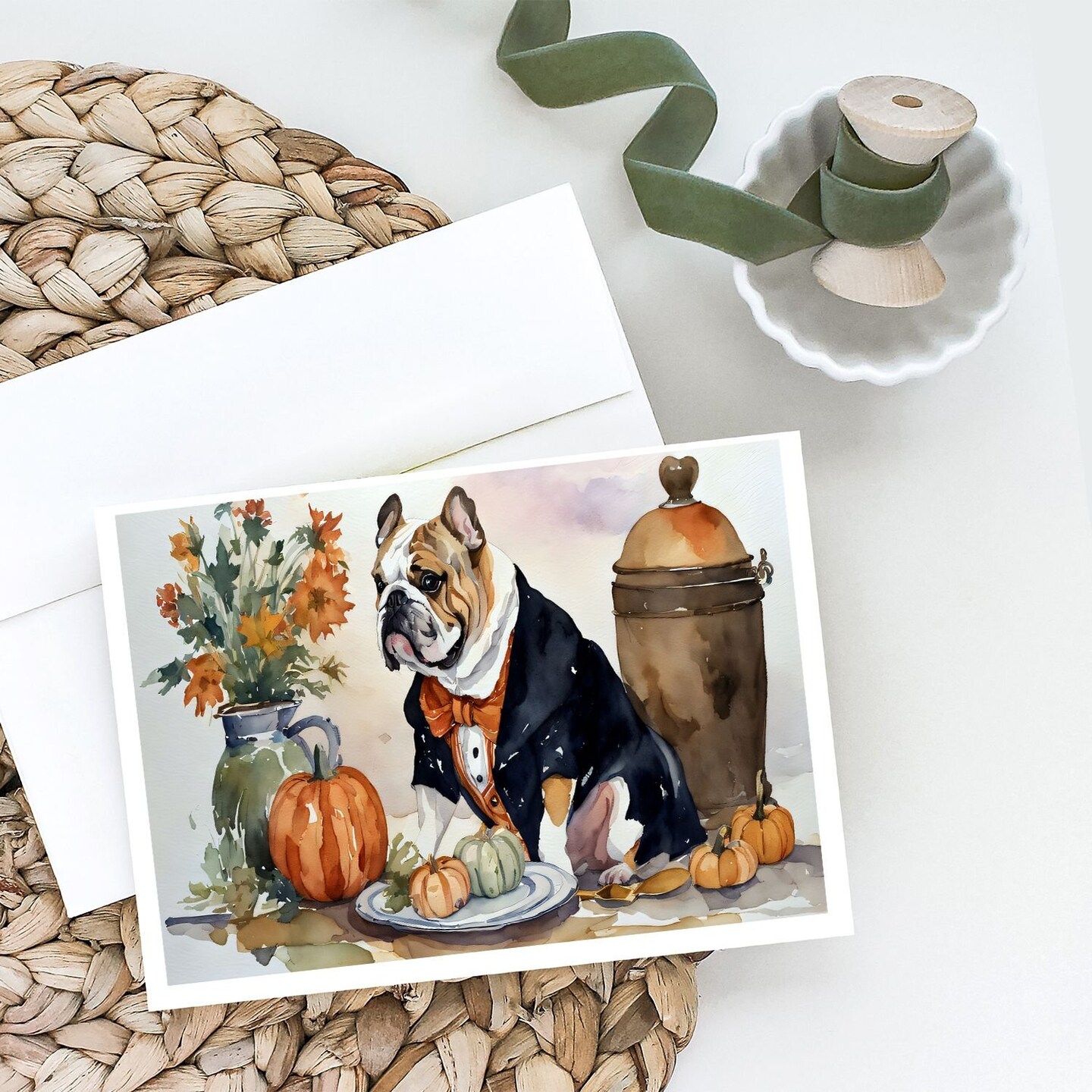 Edge Collections - 5" x 7" - Multicolor - English Bulldog Fall Kitchen Pumpkins Greeting Cards - 8 Pieces