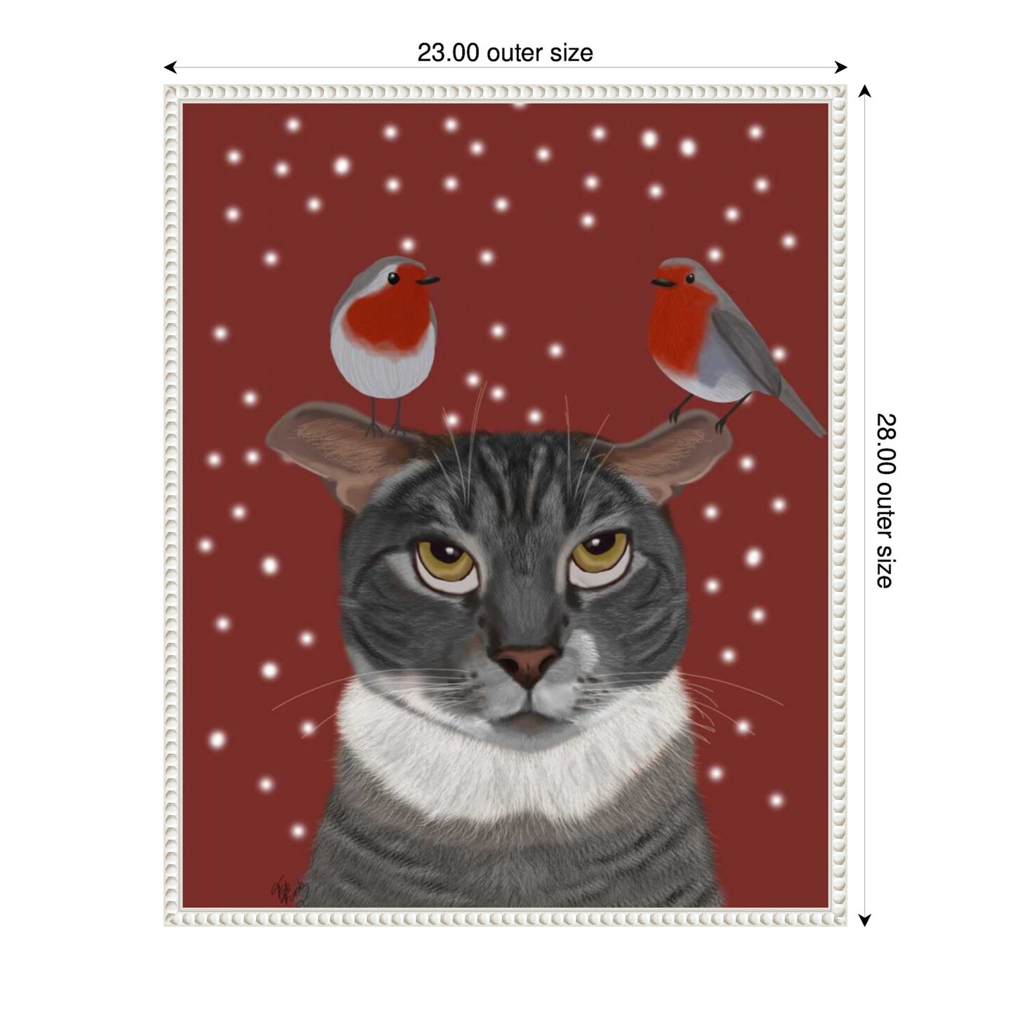 Grey Cat and Robins by Fab Funky 23-in. W x 28-in. H. Canvas Wall Art Print Framed