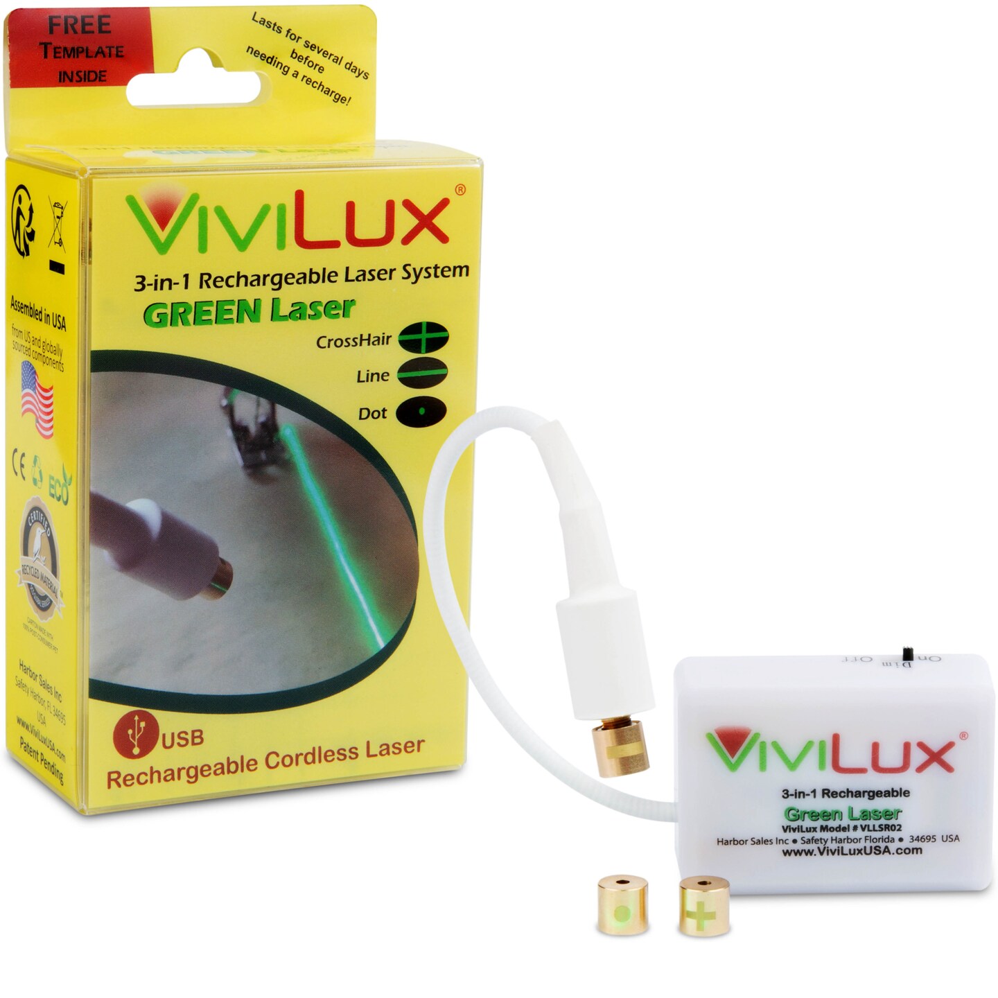 ViviLux 3-in-1 Rechargeable Green Laser System for Sewing & Quilting – Adjustable Line, Crosshair, and Dot Laser Heads, Hook and Loop Tape Mount