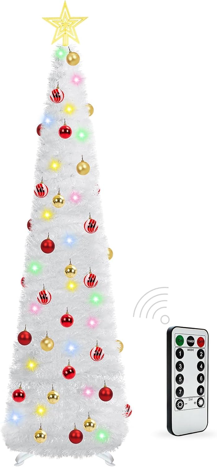 5 Ft Prelit Tinsel Pop Up Christmas Tree with 8 Light(White)16"D x 16"W x 65"H