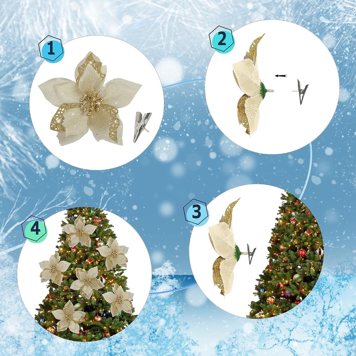 12 PCS Poinsettia Flower Artificial Poinsettia Christmas Decoration 5.9&#x27;&#x27; Gold Glitter
