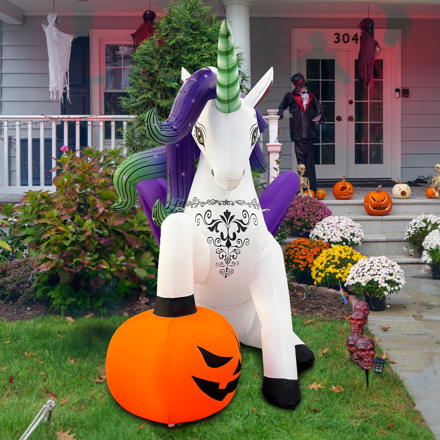 GOOSH 6FT Inflatable Halloween Unicorn with Pumpkin &#x2013; Light-Up Yard Decoration