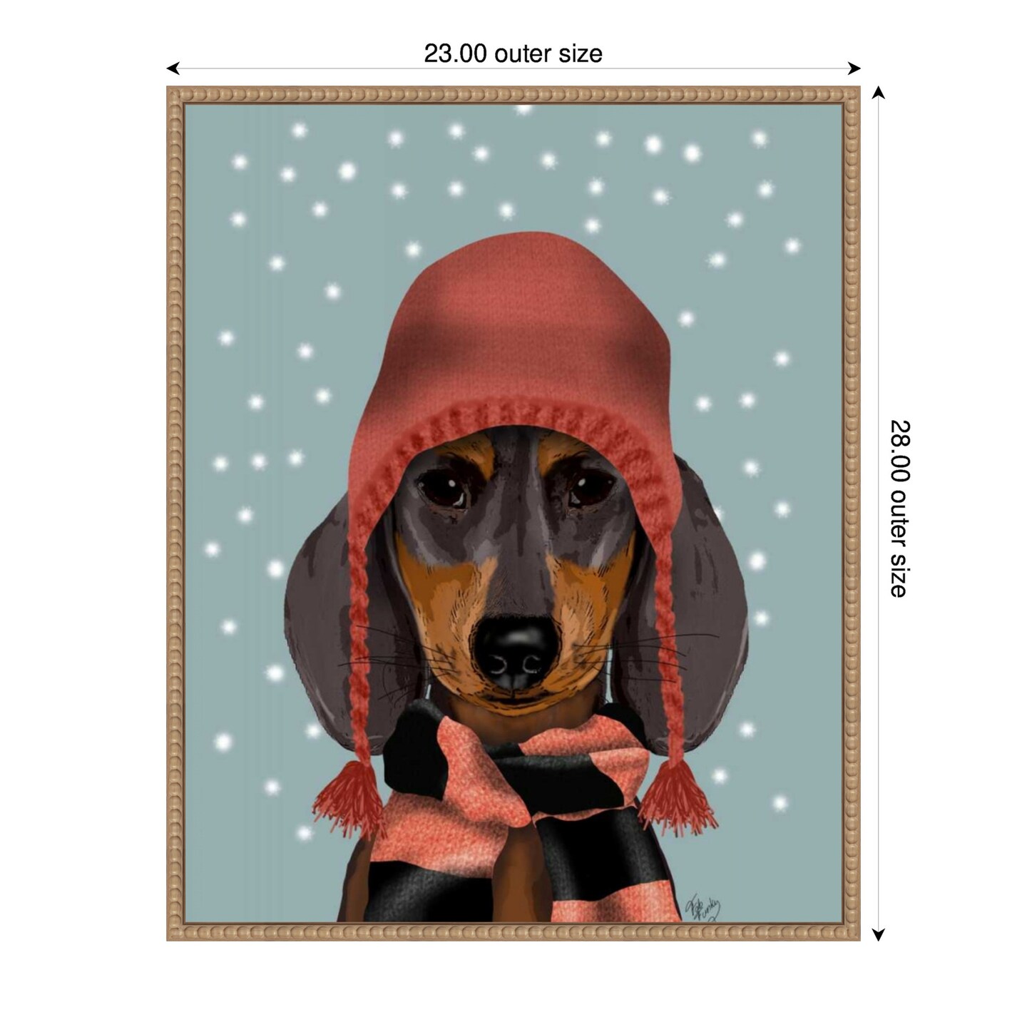 Dachshund With Woolly Hat and Scarf by Fab Funky 23-in. W x 28-in. H. Canvas Wall Art Print Framed