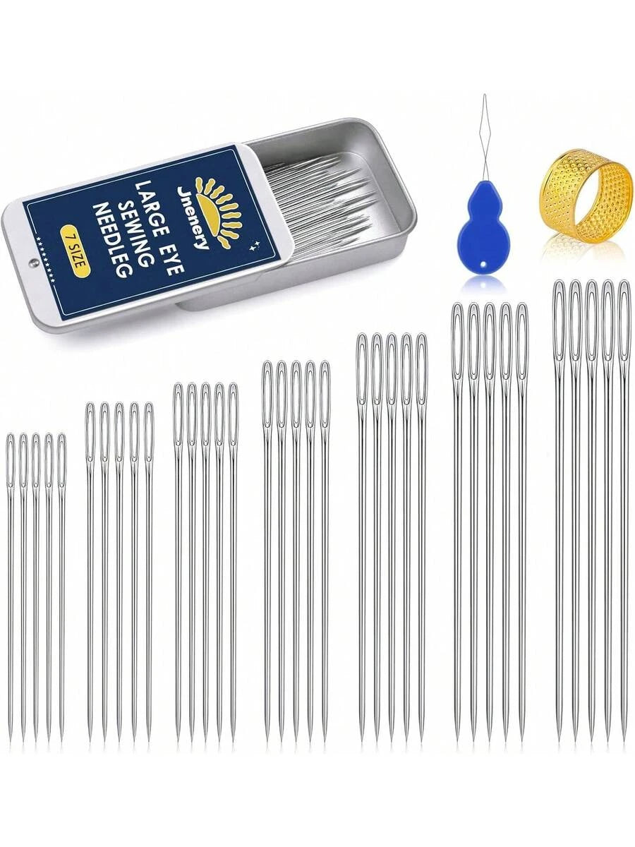 35 Pcs Large Eye Sewing Needles, 7 Size Sharp Needles for Handsewing with Threader and Thimble