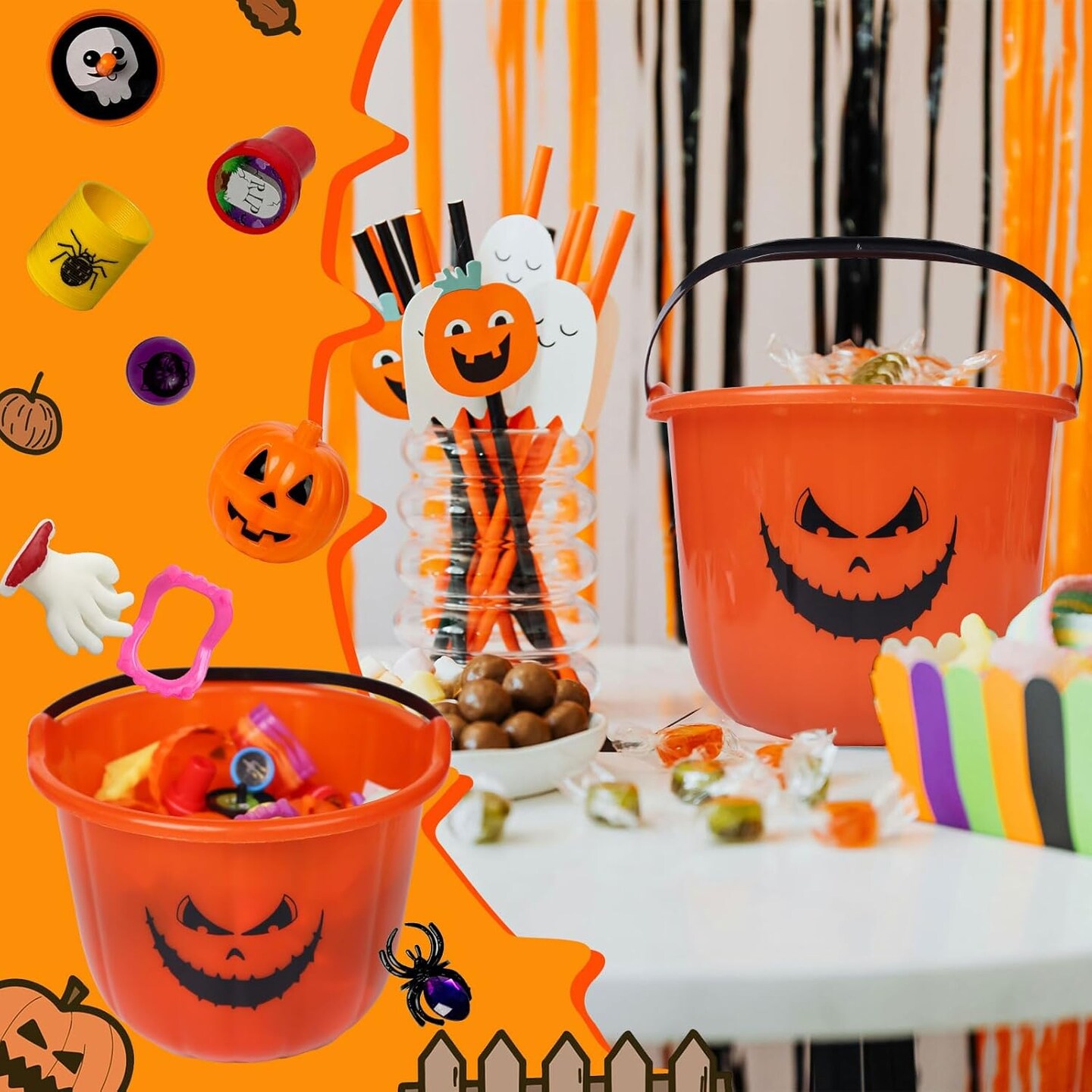 96PCS Halloween Toys in Bulk Halloween Prefilled Plastic Pumpkins Buckets (96-pcs Halloween Gift Pack)