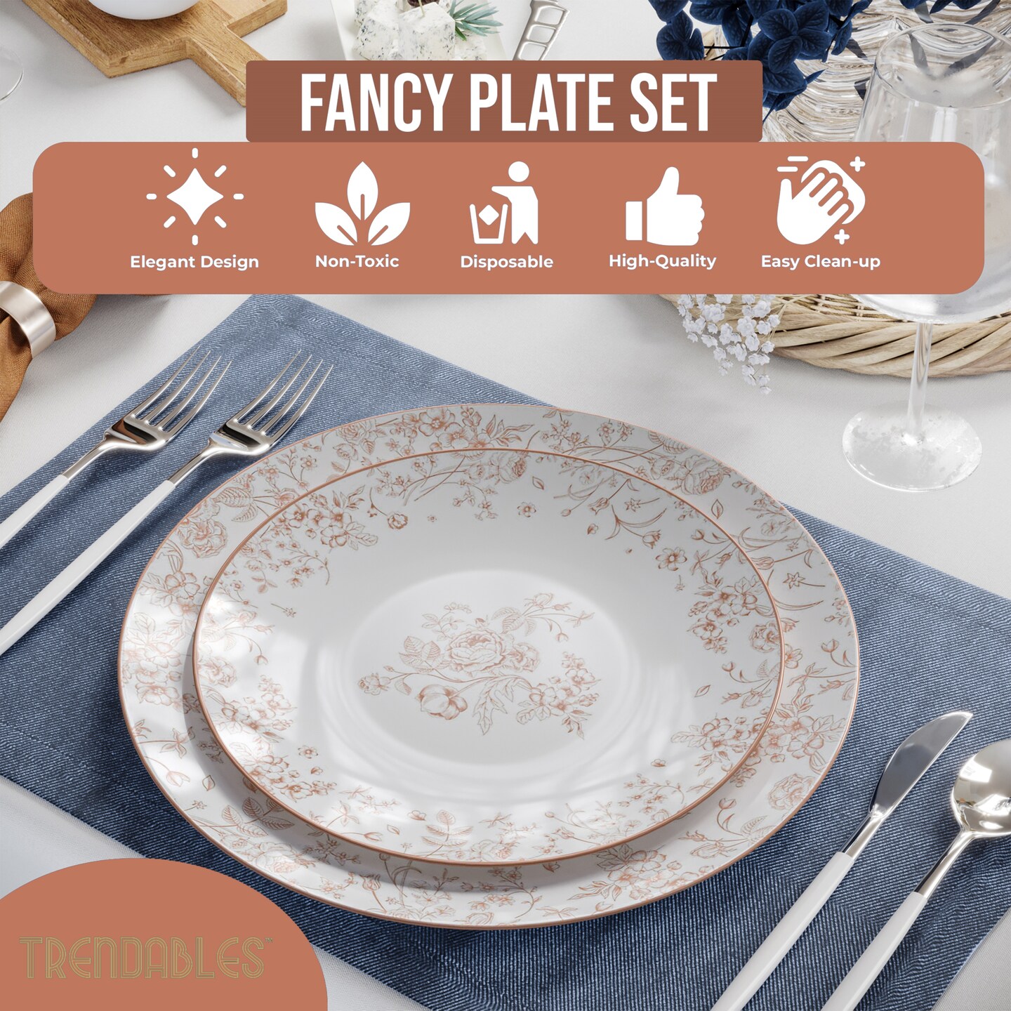 Trendables Disposable Dinnerware Decorative Plates Plastic Disposable Plates 8 Inch Dessert Plate & 10 Inch Wedding Party Plate Set