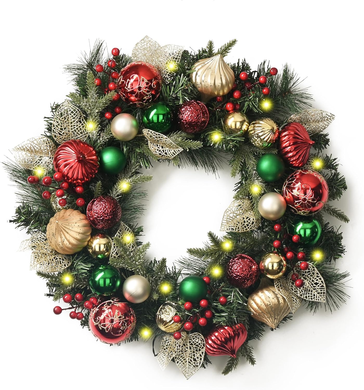 24'' Pre-Lit Christmas Wreath for Front Door with Light (Red,Green