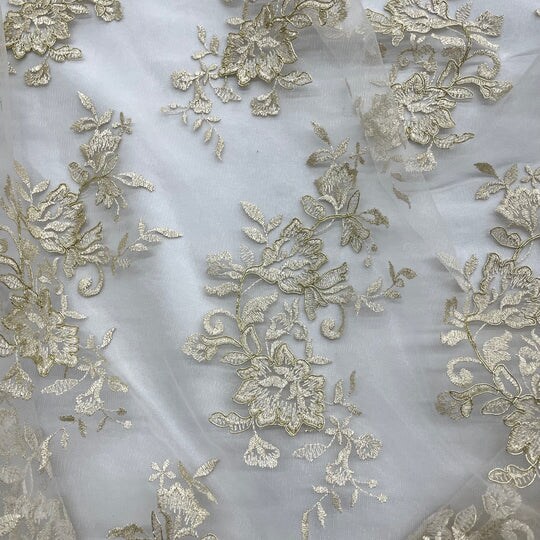1 Yard Corded Bridal Lace Fabric Embroidered on 100% Polyester Net Mesh Gold 53" Wide