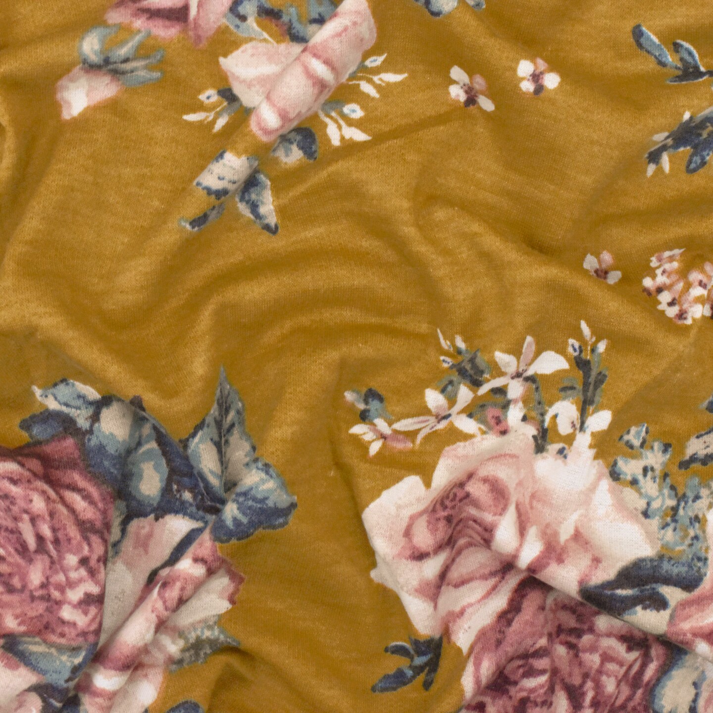 Earth Yellow-Pink-Multi Floral Print Stretch French Baby Terry Knit Fabric By the Yard