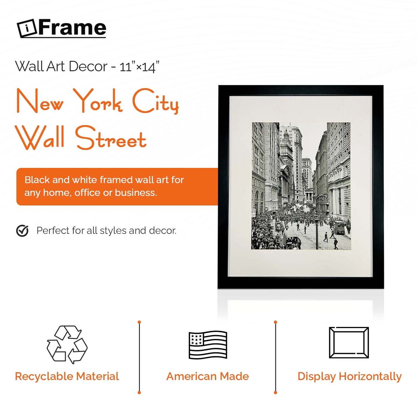 iFrame 18” x 22” Black Framed New York City Wall Street Skyline Print Framed Art Work For Wall Decor With Photo Mat | NYC Skyline Wall Art | Black And White Picture Wall Art Decor