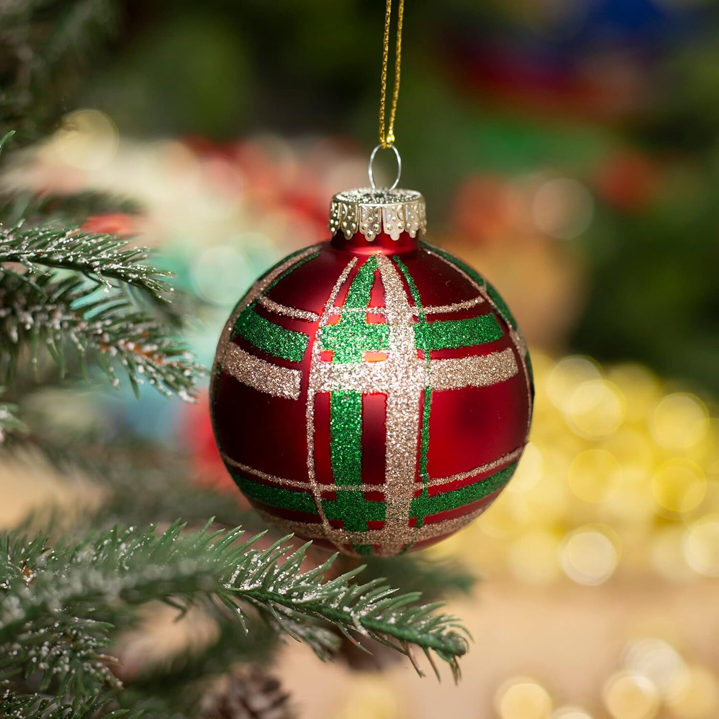 Christmas Colorful Glass Balls Decoration 9pc 2.65in (Red Gold Green Floral)