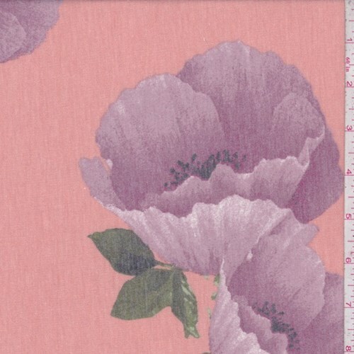 Peach/Plum Peony Brushed French Terry Knit Fabric By the Yard