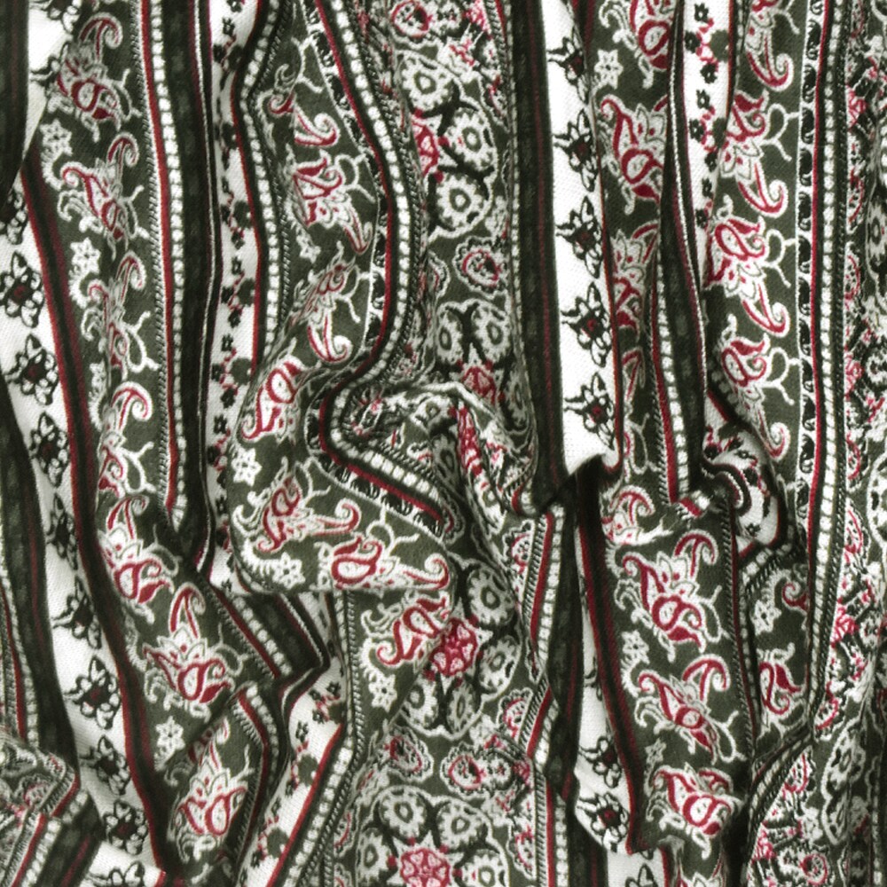 Olive-Multi Mix Pattern Stripe Printed Rayon Stretch Jersey Knit Fabric By the Yard