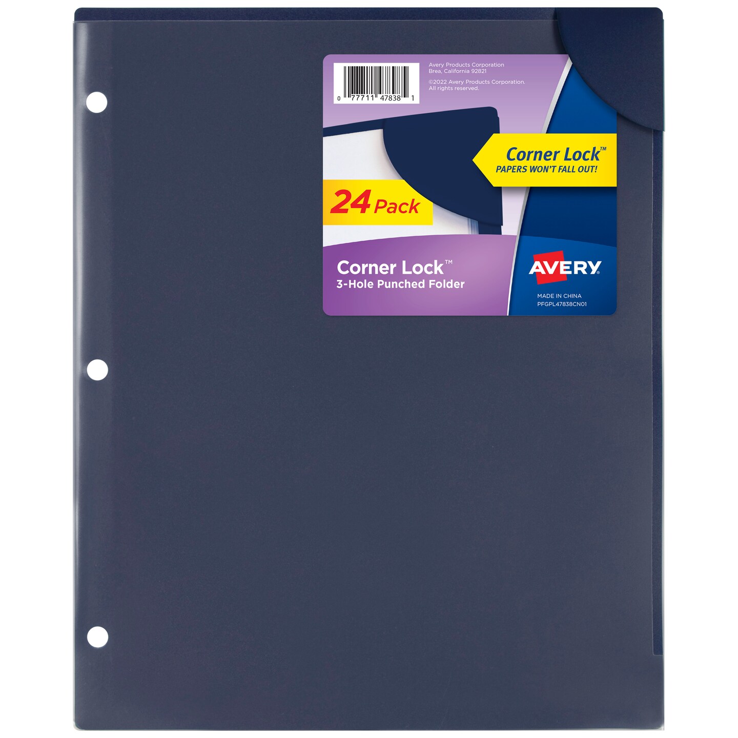 Avery Corner Lock Binder Pocket for 3 Ring Binders, Navy Blue with Clear Front, for 8.5" x 11" Documents, Acid-Free and Archival-Safe, 1 Binder Folder (47838) - 24 Pack