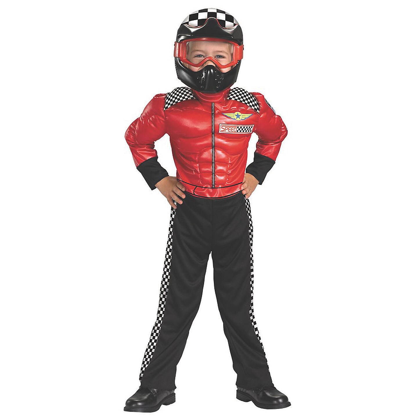 Boy's Turbo Racer Costume Red and Black Motorsport Jumpsuit with Helmet
