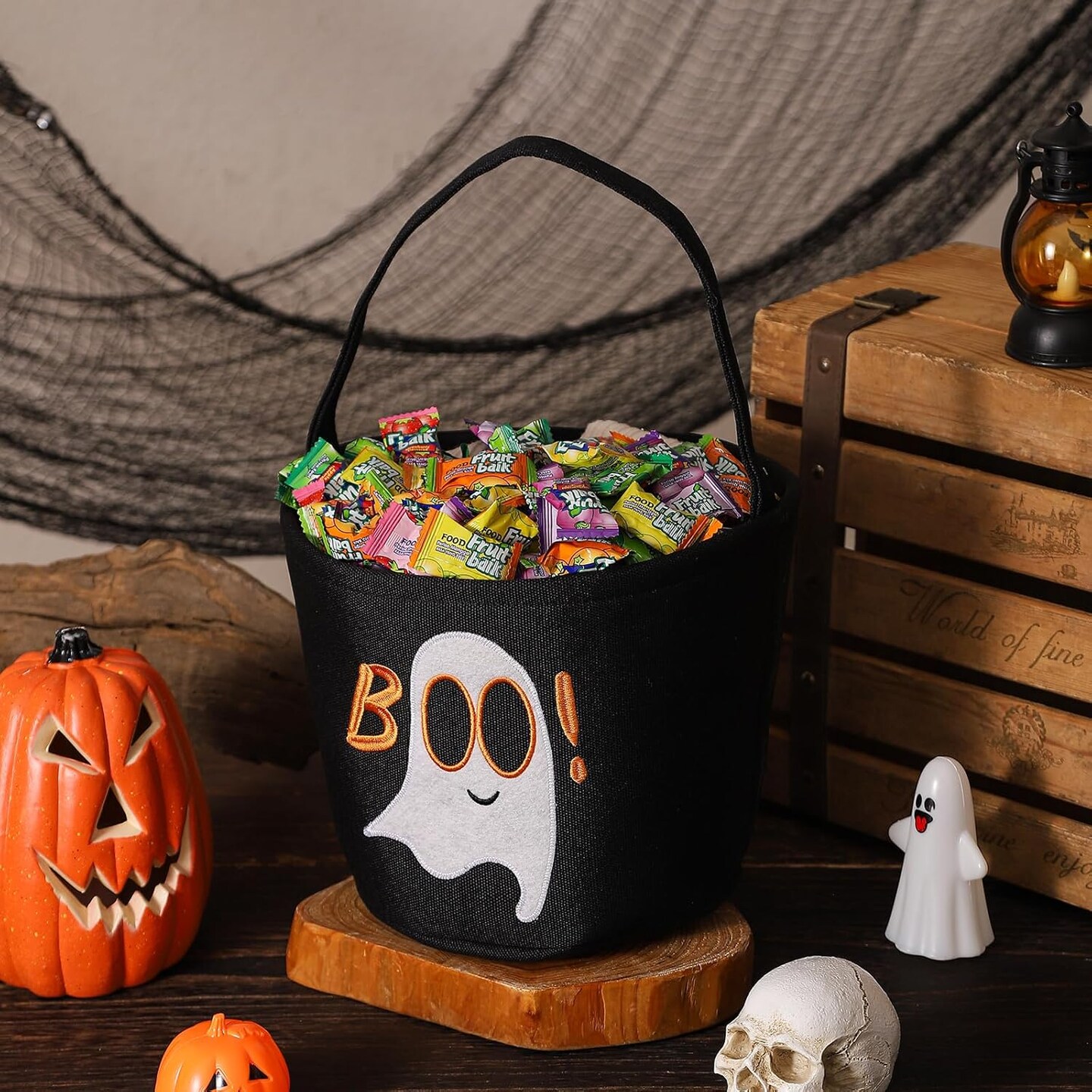 Halloween Bucket Halloween Basket for Kids (Black) - 9.8"L x 9.8"W x 7.5"H