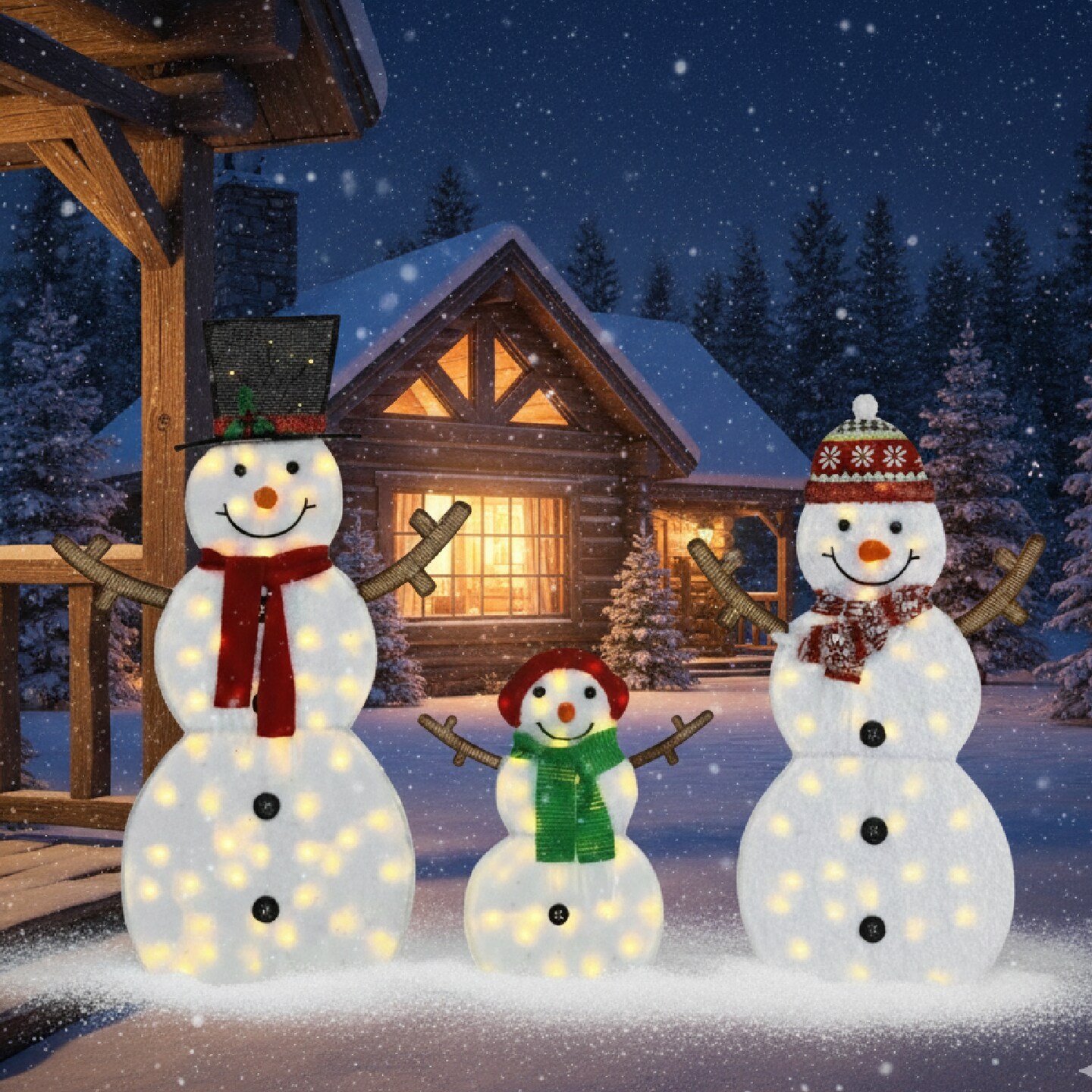 Festive 2D Snowman Christmas Lights Set of 3 Figures 48&#x22;, 42&#x22; and 24&#x22; Holiday Yard Decorations
