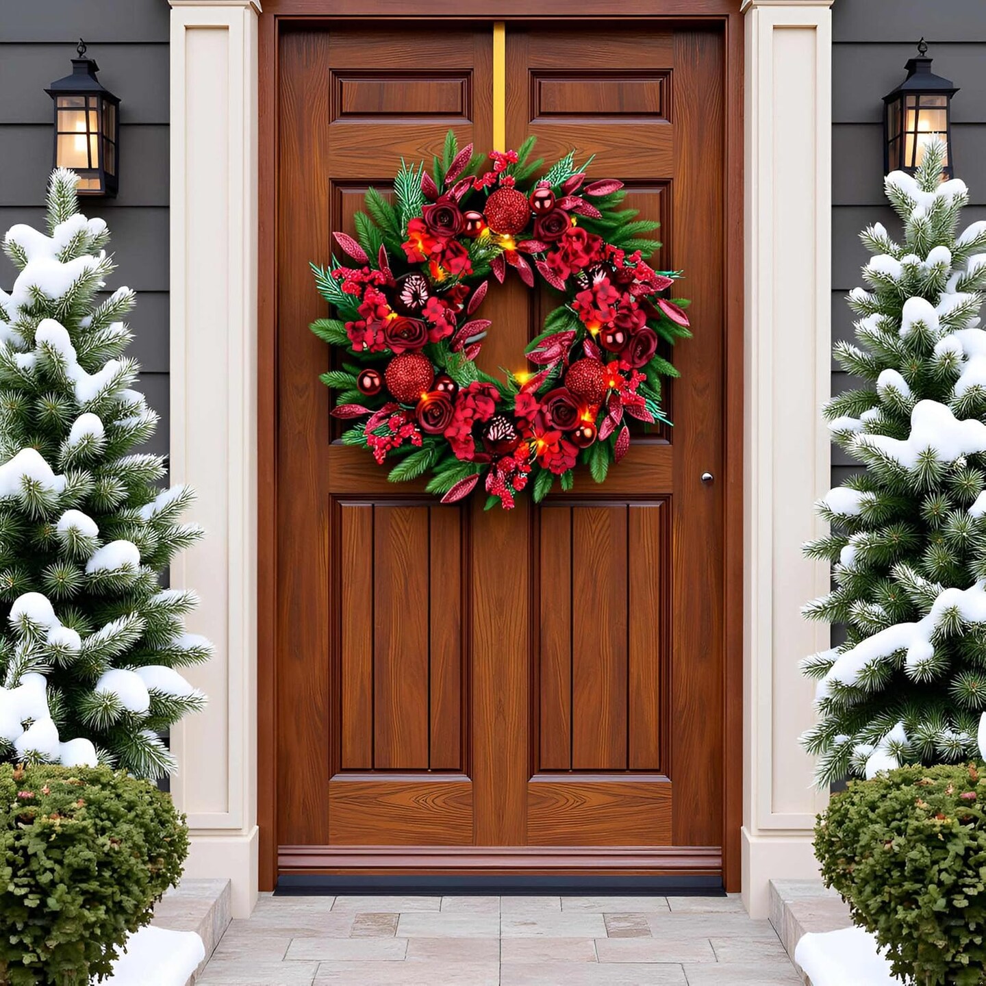 Lighted Christmas Wreath with Baubles, Berries, Leaves, Snowy Pine Needles (Red Hydrangea) 5&#x22;D x 24&#x22;W x 24&#x22;H