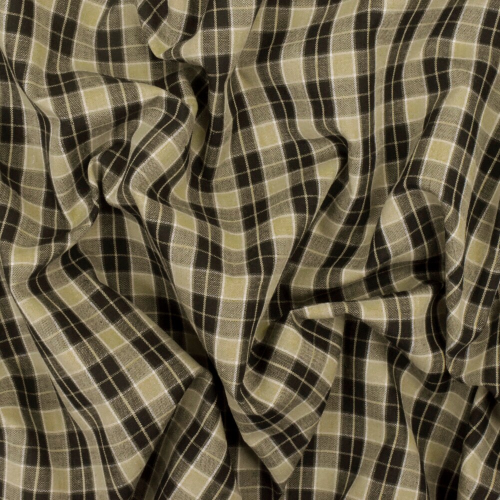 Taupe Beige-Black-White Plaid Cotton Polyester Madras Woven Fabric By the Yard