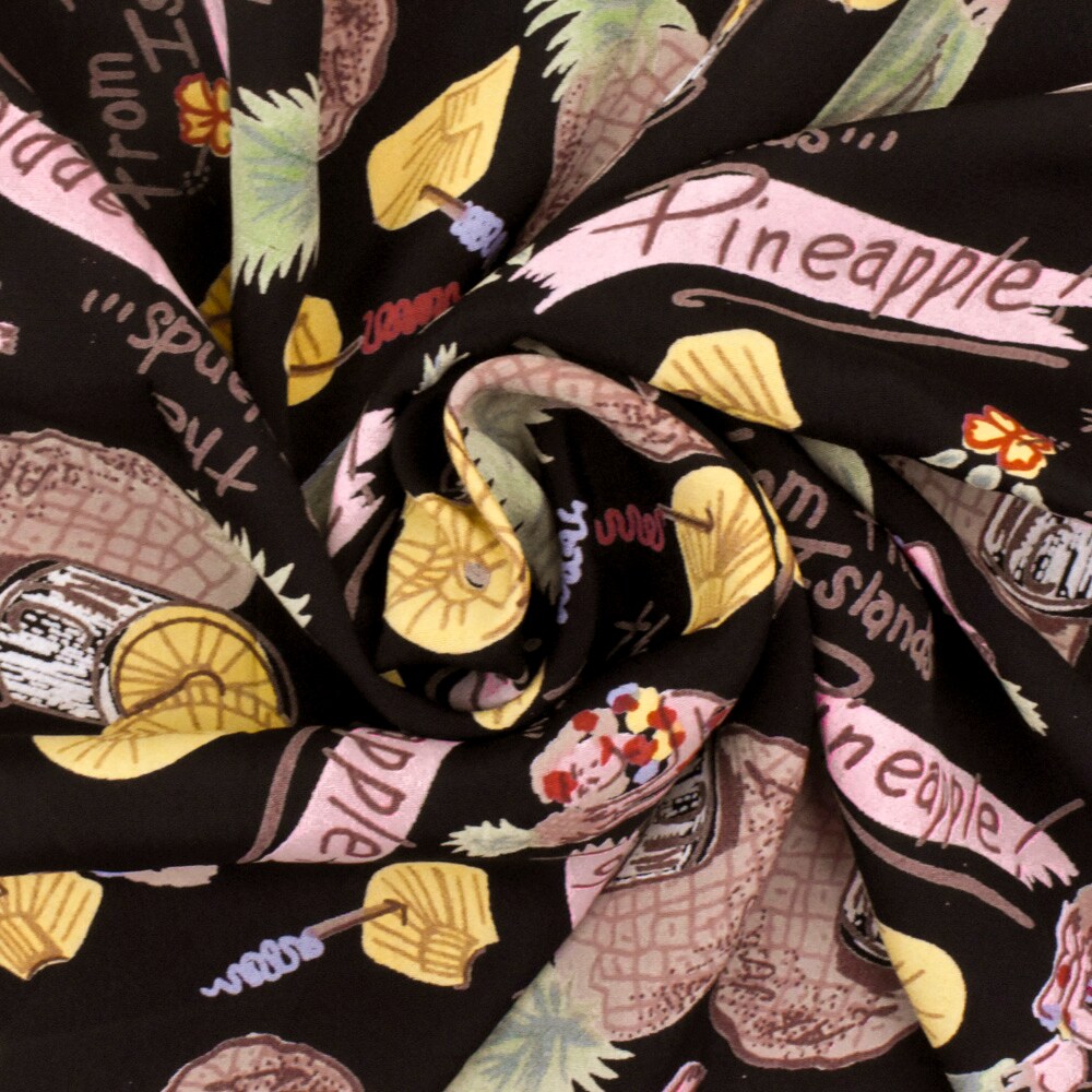 Black-Yellow-Multi Hawaii Vibes Printed Rayon Crepe Faille Woven Fabric By the Yard