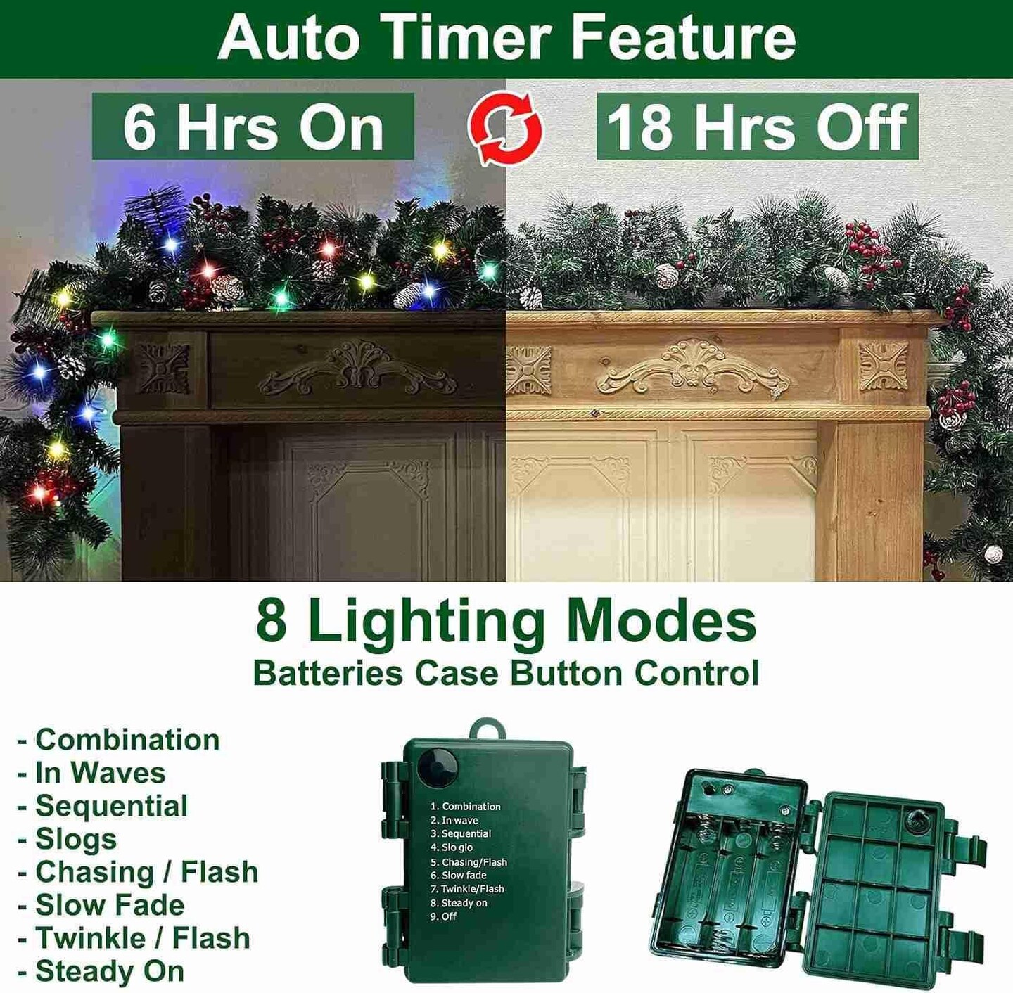 9 Ft Prelit Artificial Christmas Garland Decor Timer 50 Lights 8 Modes