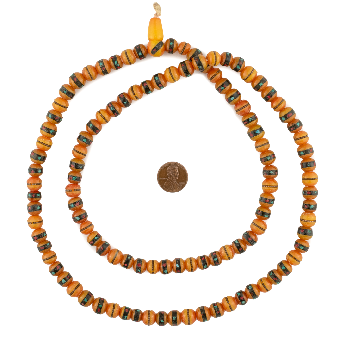 The Bead Chest Vintage Inlaid Resin Prayer Beads 10mm Nepal Orange Round Large Hole 36 Inch Strand