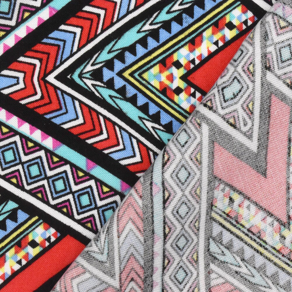 Red-Teal-Multi Abstract Chevron Aztec Printed Challis Fabric By the Yard