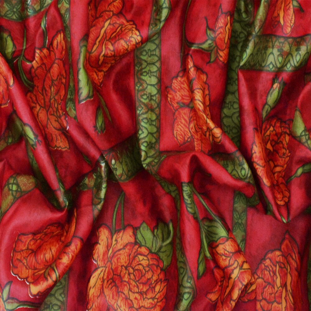 Cherry Red-Green-Multi Floral Frame Printed Cotton Sateen Fabric By the Yard