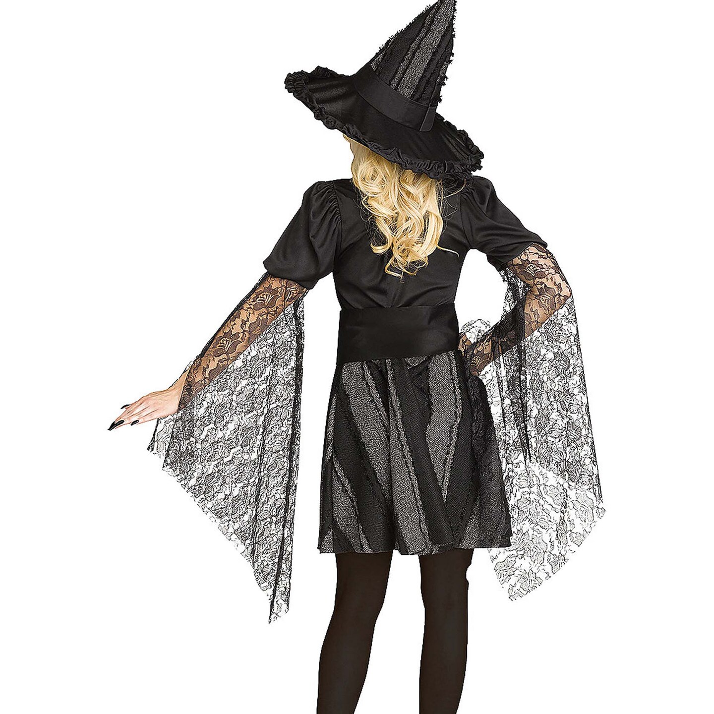 Adult Stitch Witch Costume Gray & Black Striped Dress with Lace Bell Sleeves Medium/Large