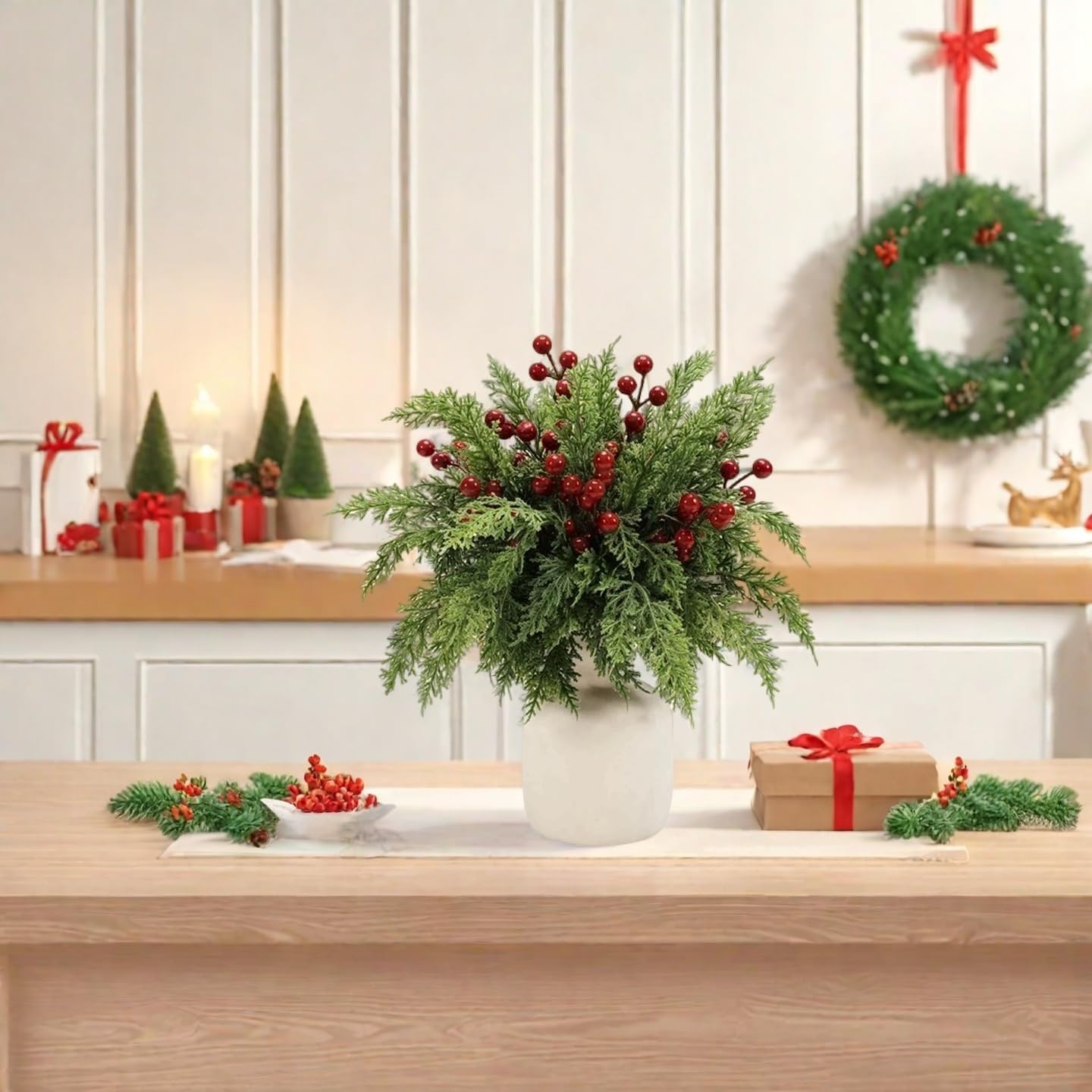 50 PCS Christmas Artificial Pine Picks with Red Berry Stems (Green) 1&#x22;D x 1&#x22;W x 1&#x22;H
