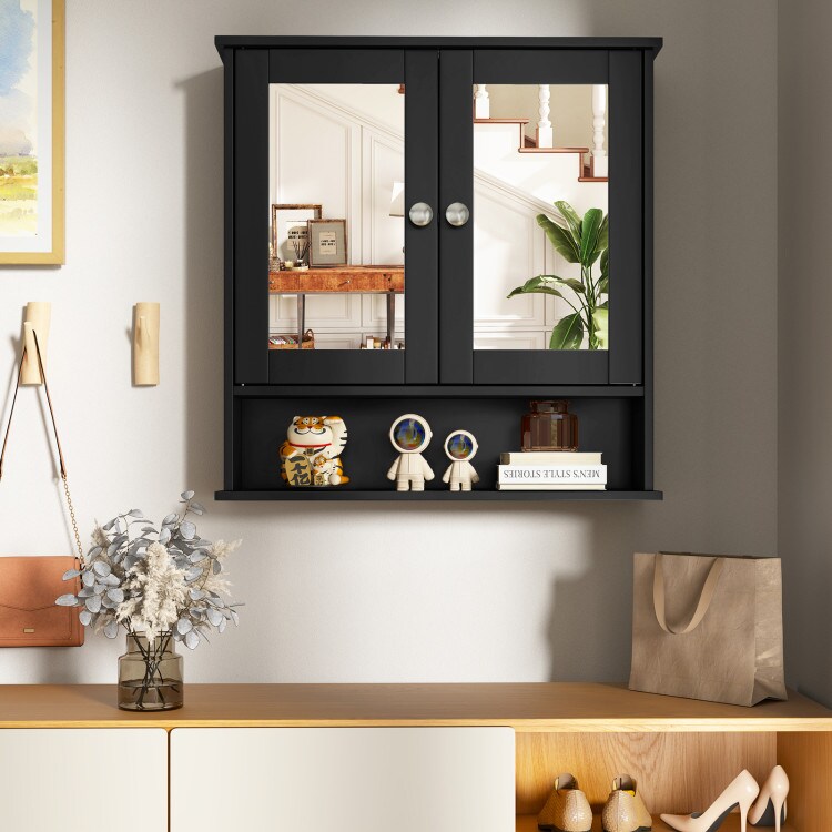 Wall Cabinet with Double Mirror Doors Adjustable Shelf Storage for Bathroom and Bedroom