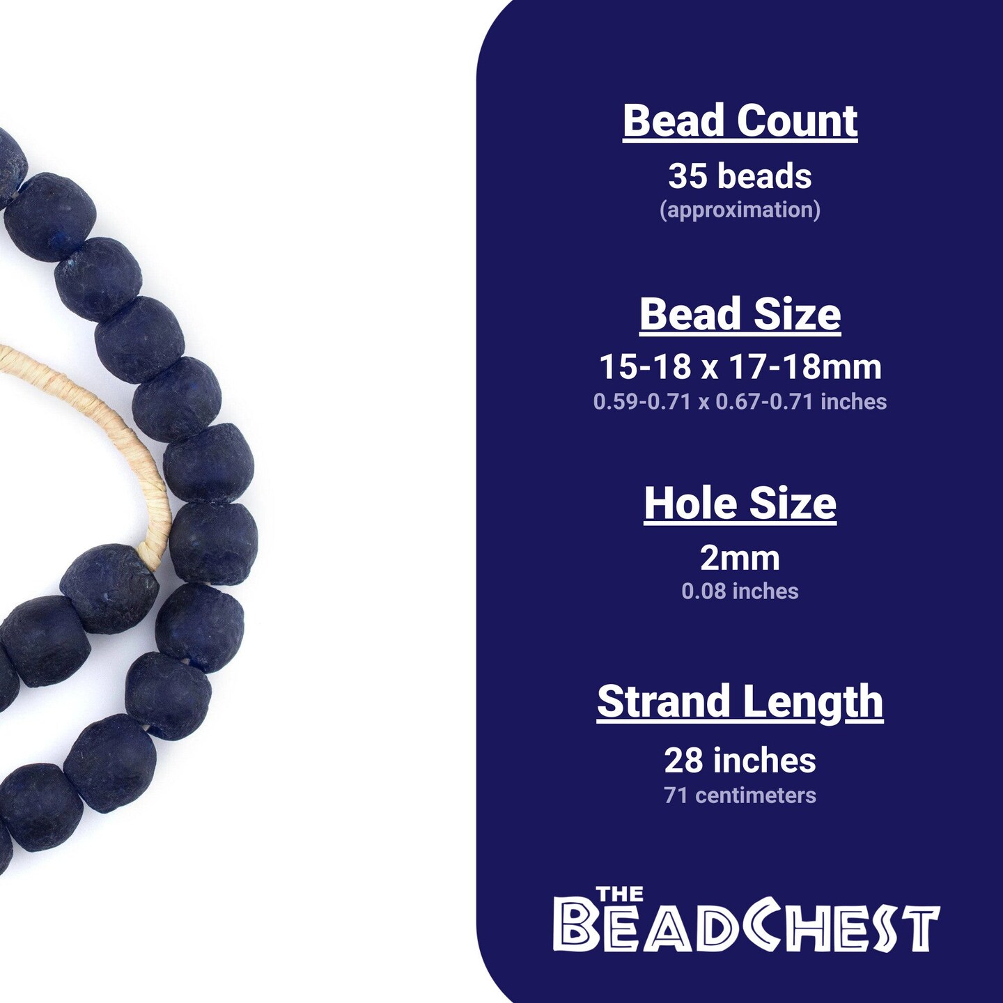 The Bead Chest Indigo Blue Recycled Glass Beads 18mm Ghana African Sea Glass Round Large Hole 28 Inch Strand Handmade Fair Trade