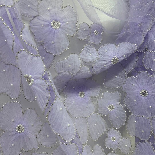 1 Yard Beaded 3D Floral Lace Fabric Embroidered 100 Percent Polyester Net Mesh 52 inch Width