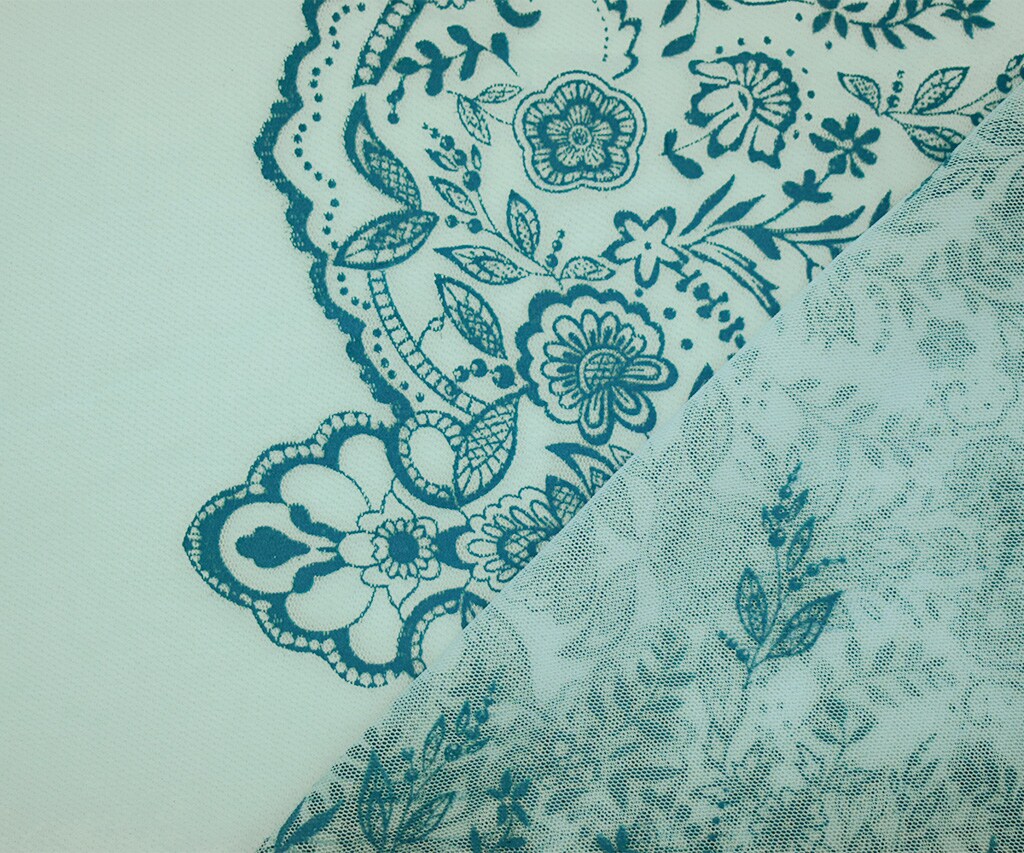 Light Blue-Teal Nylon Floral Border Scallop Printed Mesh Tulle Knit Fabric By the Yard